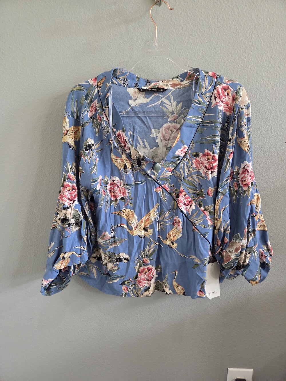 NWT Zara Blue Floral Wrap Blouse with Pink Accents